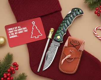 Personalized Stocking Stuffers for Men | Damascus Pocket Knife with Leather sheath | Christmas Men Gifts