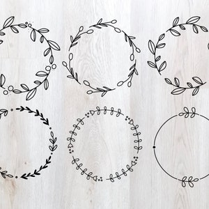May include: Six different black and white wreath designs with simple leaf and branch patterns. These wreaths are perfect for adding a touch of nature to your designs.
