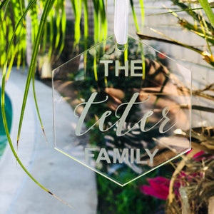 Clear Hexagon Acrylic Ornament w/ Frosted Lettering