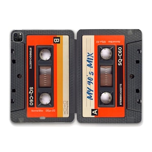 May include: A tablet case featuring a retro cassette tape design in black and orange. The open case displays the text "MY 90's MIX" and "SQ-C60". The design replicates a vintage audio cassette, including the tape reels and label details.
