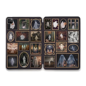 May include: A black phone case featuring a collage of framed ghost paintings. The artwork depicts various ghostly figures in different settings, with a spooky and vintage aesthetic. The case is designed to protect the phone while showcasing a unique Halloween theme.