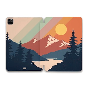 May include: A retro-style illustration of a mountain landscape with a sunset, a lake, and pine trees. The colors are muted and warm, with a gradient of orange, yellow, and pink in the sky. The mountains are a deep red and brown, and the lake is a deep blue. The trees are a dark green.