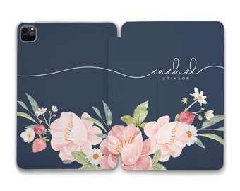 Name iPad case Personalized iPad 10.2 10.9 Air 5 Pro 12.9 11 iPad Mini 6 Cute Custom Blue Aesthetic Flowers Trendy for Girl Floral iPad case