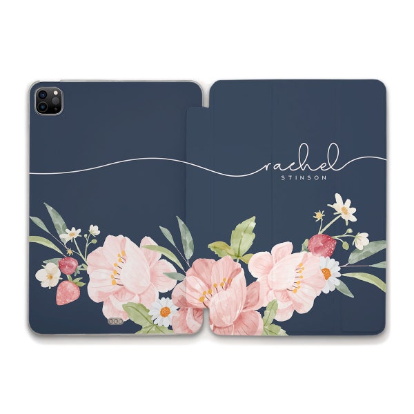 Nom Coque iPad personnalisée 10,2 10,9 Air 5 Pro 12,9 11 iPad Mini 6 Esthétique bleu personnalisé fleurs tendance pour fille Coque iPad fleurie