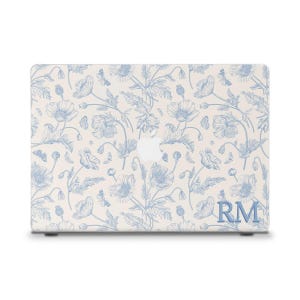 Custodia per MacBook con iniziali, fiori blu, MacBook Air 13 15 M2 M3 M4 Pro 13 14 16, monogramma estetico personalizzato, custodia per MacBook con toile floreale personalizzata