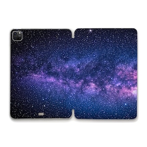 May include: A phone case featuring a galaxy print. The case is dark blue with a purple and white galaxy design.