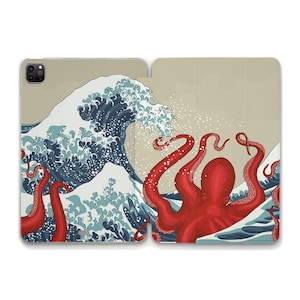 Japanese iPad case Octopus iPad 10th gen iPad Air 5 Air 4 Pro 12.9 11 Mini 6th 10.2 10.9 Aesthetic Vintage Art Old Painting Wave iPad case