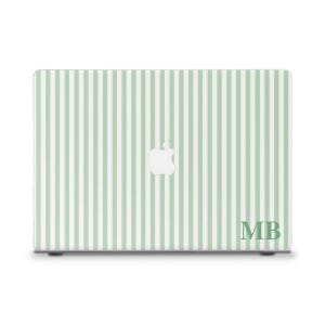 May include: A laptop case with a vertical striped pattern in light green and white. The Apple logo is centered, and the initials "MB" are in the lower right corner. The case is designed to fit a laptop.