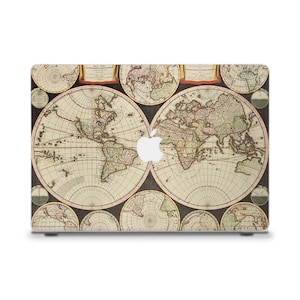May include: Vintage world map design laptop skin featuring two detailed maps of the world surrounded by smaller maps. The design is in shades of brown, beige, and green.