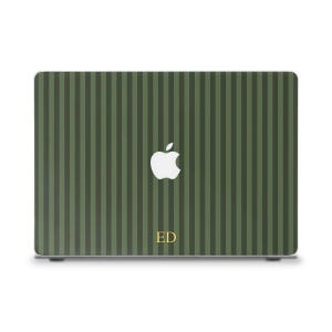 May include: A green and dark green striped laptop skin with a white Apple logo. The initials "ED" are in gold at the bottom. The skin is designed to fit a laptop.