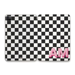 Initials iPad case Custom iPad 10.2 10.9 10th Air 5 Pro 12.9 11 Mini 6 Personalized Monogram Design Black and White Checker Trendy iPad case