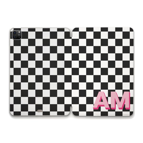 Initials iPad case Custom iPad 10.2 10.9 10th Air 5 Pro 12.9 11 Mini 6 Personalized Monogram Design Black and White Checker Trendy iPad case
