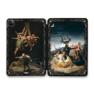 Pode incluir: Uma capa de telefone preta com uma moldura decorativa e duas imagens. A imagem da esquerda representa três figuras voando no ar. A imagem da direita representa uma cena do quadro de Goya, O sono da razão produz monstros.