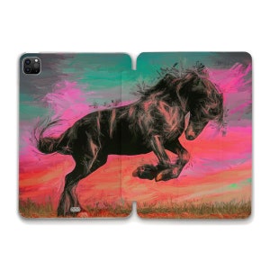 Può includere: Un cavallo nero salta attraverso un cielo dipinto di rosa e verde. La criniera e la coda del cavallo ondeggiano al vento. Lo sfondo è un dipinto astratto colorato.