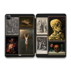 Peut inclure: Un collage de neuf images encadrées, dont un crâne avec une cigarette, un squelette, une femme avec des ailes, un bouquet de fleurs et une scène de pièce de théâtre. Les images sont disposées en grille sur un fond noir.