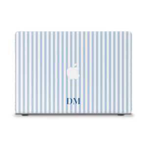 May include: A laptop case featuring a light blue and white striped design. The Apple logo is centrally placed, with the initials "DM" beneath. The case is designed for a laptop.