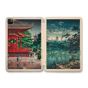 May include: A split-panel print featuring two Japanese scenes. The left panel shows a red pagoda with a woman in a blue kimono walking in the rain. The right panel shows a pagoda on a small island in a lake with a full moon in the sky.