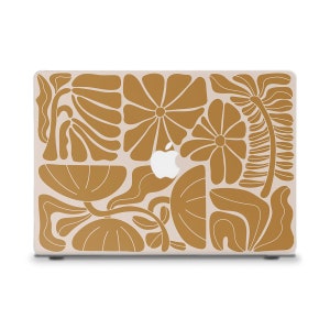 May include: A laptop skin with a geometric pattern of stylized flowers and leaves in a warm brown color. The design is abstract and modern.