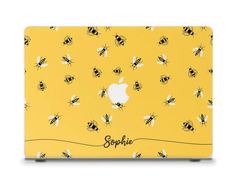 Personalized MacBook case Cute MacBook Air 13 15 M2 M3 M4 MacBook Pro 13 14 16 Custom name with bees Aesthetic yellow unique MacBook cover