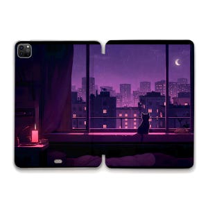 Cat iPad case Cute iPad a16 10th gen iPad Air 11 13 inch m3 Pro 12.9 Mini 7 Night city Moon Trendy dark purple design with cat iPad case