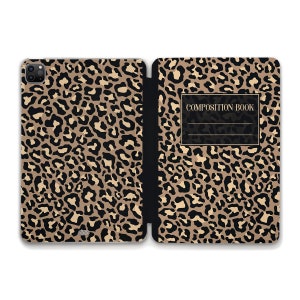 May include: An open tablet case with a leopard print design. The case is tan with black spots. The right side of the case has a black label with the words "COMPOSITION BOOK". The case is open, revealing the inside.