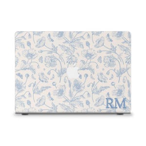 Initialen MacBook-hoes blauwe bloemen MacBook Air 13 15 M2 M3 M4 Pro 13 14 16 Esthetisch aangepast monogram Gepersonaliseerde bloemen toile MacBook-hoes