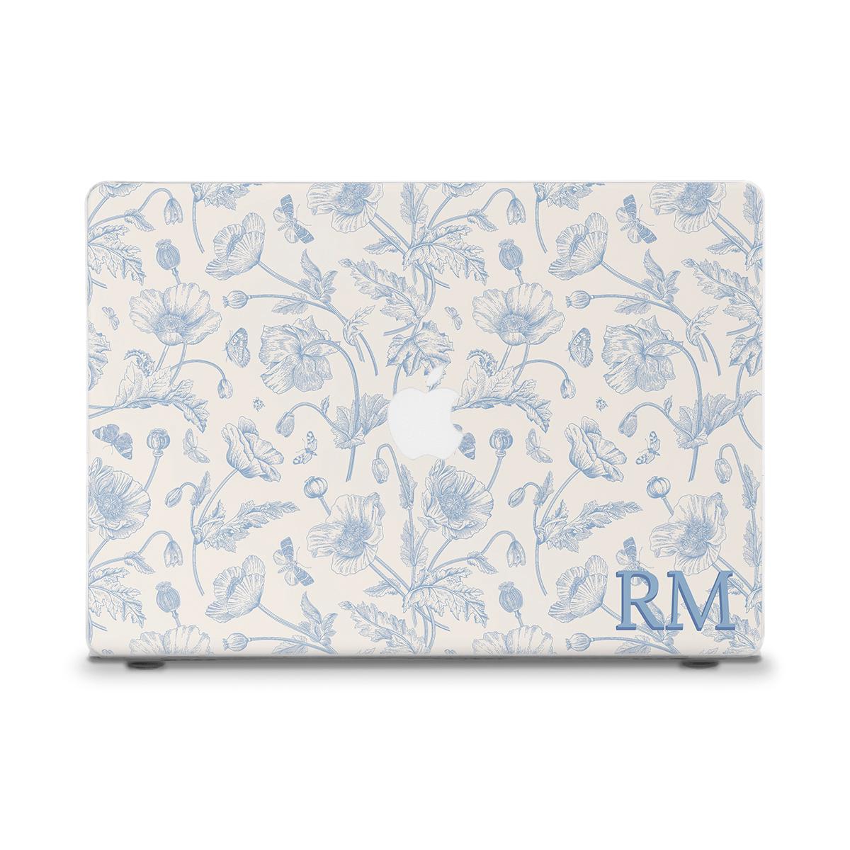 Initials MacBook case Blue flowers MacBook Air 13 15 M2 M3 M4 Pro 13 14 16 Aesthetic custom monogram Personalized floral toile MacBook case