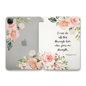 Étui pour iPad Citation esthétique pour iPad 10,2 10,9 10th Air 5 Pro 12,9 11 Mini 6 fleurs mignonnes verset de la Bible roses roses religieuses Floral Girly