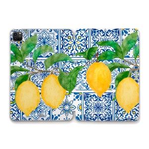 May include: A watercolor illustration of lemons on a branch with blue and white patterned tiles. The lemons are yellow and the leaves are green.