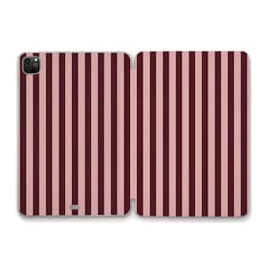 May include: A tablet case with a vertical striped pattern in burgundy and light pink. The case is open, revealing the interior and exterior design. The case has a camera cutout and a small logo at the bottom.