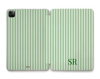 Aesthetic iPad case Initials iPad a16 11th 10th iPad Air 11 13 Pro 12.9 Mini 7 Green stripes Personalized custom monogram Trendy iPad case