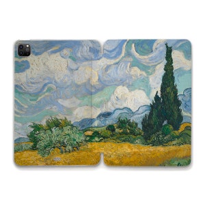 May include: A painting by Vincent van Gogh depicting a landscape with a field of wheat, a row of trees, and a tall cypress tree in the background. The sky is filled with swirling clouds in shades of blue and white.