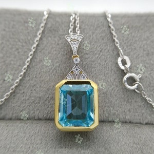 Vintage Art Deco Necklace, Aquamarine Necklace, Edwardian Necklace Two Tone Pendant Aqua Gemstone Antique Pendant Milgrain Bezel Set Pendant