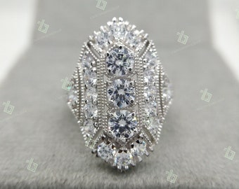 Bague art déco vintage diamant rond 2 cts en argent sterling, bague 3 pierres, bague ancienne, bague vintage, bague de fiançailles, bague moissanite