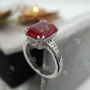 Anel de Noivado Antigo Vintage com Rubi de 3,5 ct com Lapidação Radiante e Diamantes, Anel Art Déco em Prata para Mulheres, Anel Solitário de Rubi, Anel de Diamantes de Coleção