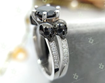 Vintage Four Skull Engagement Ring, Black Diamond Skull Ring, 1.67 Ct Round Cut Black Onyx Diamond Ring, Skull Wedding Ring Two Skull Ring