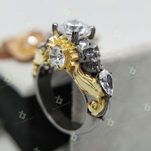 Bague de fiançailles tête de mort vintage, tête de mort avec fleur, bague de fiançailles gothique, bague tête de mort diamant laboratoire bague tête de mort de mariage pour femme deux têtes de mort
