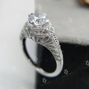 Edwardian Art Deco Ring Victorian Filigree Round Cut Diamond Engagement Ring 1.67 CT Lab Diamond Solitaire Ring Vintage Rings for women