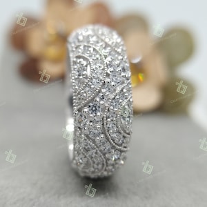 Art Deco Wedding Band, Vintage Diamond Wedding Band For Womens, Art Deco Milgrain Full Eternity Band, Wide Anniversary Bands, Antique Band