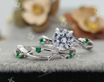 Twig Wedding Ring Set, Moissanite Twig Ring, 1 CT Dainty Twig Engagement Set Silver Branch Bridal Set Nature Engagement Set Gift For her