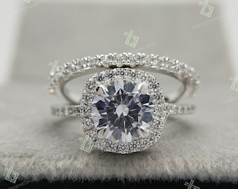 1.67 CT Round Halo Engagement Ring Set, 925 Sterling Silver, Round Halo Ring, Round Moissanite Ring Forever One Round Cut Ring Halo Ring Set