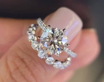 2.00 CT Round Moissanite Solitaire Wedding Ring Set, Moissanite Bridal Ring Set, Art Deco Moissanite Engagement Ring Set, Stacking Band Set