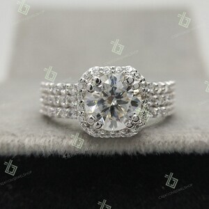 Halo Moissanite 2.00 CT Round Cut Engagement Ring / Half Eternity Three Raw Halo Sterling Silver Wedding Ring / Round Cut Gift Ring For Her