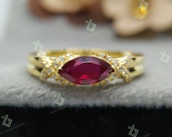 Unique Solitaire Marquise Cut Ruby Diamond Engagement Ring, Ruby 14K Yellow Gold Plated Wedding Ring, Promise Rings Women Gifts, Dainty Ring