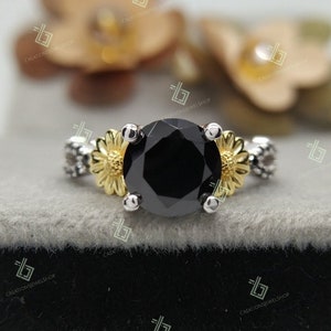 2 Ct Round Black Lab Diamond Sunflower Engagement Ring - Sterling Silver