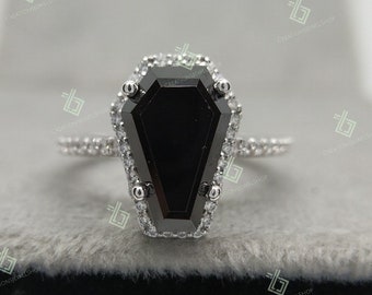 Coffin Cut Black Onyx Ring, Halo Engagement Ring, Black Diamond Unique Ring, 925 Silver Black Coffin Ring Anniversary Antique Shaped Ring