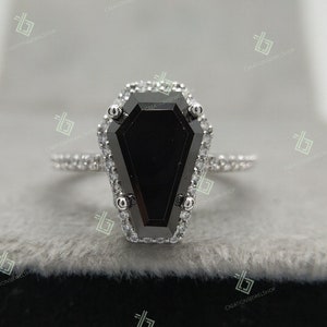 Coffin Cut Black Onyx Ring, Halo Engagement Ring, Black Diamond Unique Ring, 925 Silver Black Coffin Ring Anniversary Antique Shaped Ring
