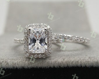 Anelli di fidanzamento Halo con diamanti a taglio radiante da 2,50 CT, Set di anelli nuziali, Anelli nuziali di lusso, Anelli con diamanti radianti Set di anelli di promessa con fascia per l'eternità
