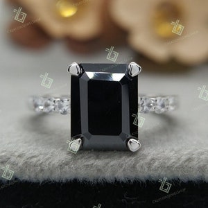 Emerald cut black onyx engagement ring Diamond cluster vintage ring 14k white gold plated engagement ring Bridal ring Anniversary gift ring