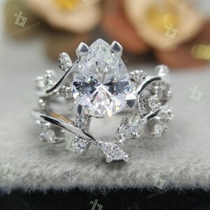 Unique Moissanite Wedding Band Bridal Ring Set, Natural Leaf Branch Ring Set, Pear Cut Lab Diamond Engagement Ring Set, Promise Ring Sets